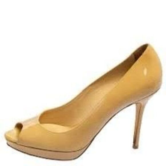 Jimmy Choo Sz 40.5 Open Toe Pump Heels Tan Patent Leather Classic Iconic Formal - Picture 2 of 16